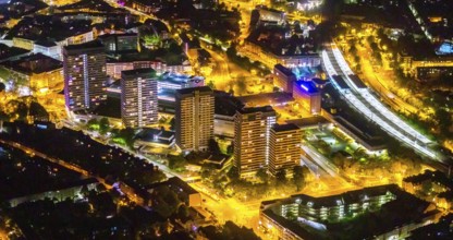 Aerial view, Mülheim an der Ruhr main station, Technical Town Hall and Forum City Mülheim shopping