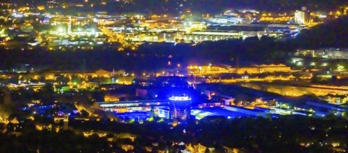 Aerial view, Geneba Industrial Park, Siemens tower office with blue lighting, Altstadt II, Mülheim