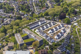 Aerial view, airport housing estate, construction site and new building housing estate