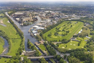 Aerial view, Raffelberg racecourse with golf course inside, Raffelberg lock, Raffelberg