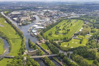 Aerial view, Raffelberg racecourse with golf course inside, Raffelberg lock, Raffelberg