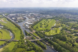 Aerial view, Raffelberg racecourse with golf course inside, Raffelberg lock, Raffelberg
