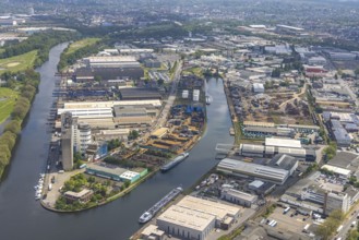 Aerial view, Rhine-Ruhr harbour Mülheim, shipping canal, Am Nordhafen, Rheinstraße, Speldorf,