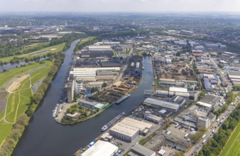 Aerial view, Rhine-Ruhr harbour Mülheim, shipping canal, Am Nordhafen, Rheinstraße, Speldorf,