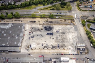 Aerial view, construction site harbour centre after real market fire, industrial area at Weseler