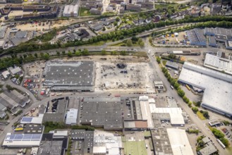 Aerial view, construction site harbour centre after real market fire, industrial area at Weseler