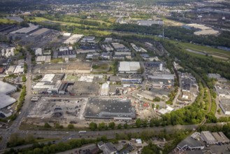 Aerial view, construction site harbour centre after real market fire, industrial area at Weseler