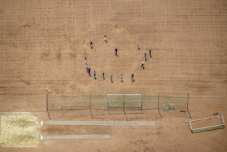 Aerial view, teenagers on sports field of Broich secondary school, Broich - Ost, Mülheim an der