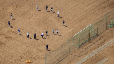Aerial view, teenagers on sports field of Broich secondary school, Broich - Ost, Mülheim an der