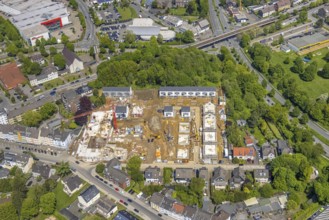 Aerial view, construction site and new building residential area Rudolf-Harbig-Straße, Heißen -