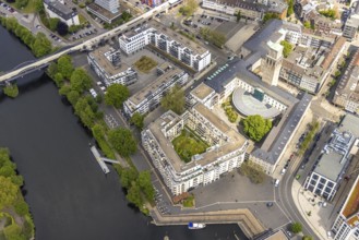 Aerial view, town hall and Ruhr promenade Mülheim, outdoor catering, Altstadt I, Mülheim an der