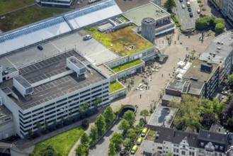 Aerial view, Forum City Mülheim Kurt-Schumacher-Platz, shopping street with outdoor catering,
