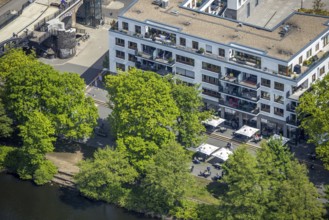 Aerial view, Ruhrpromenade Mülheim, outdoor catering, Altstadt I, Mülheim an der Ruhr, Ruhr area,