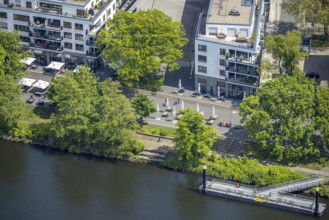 Aerial view, Ruhrpromenade Mülheim, outdoor catering, Altstadt I, Mülheim an der Ruhr, Ruhr area,