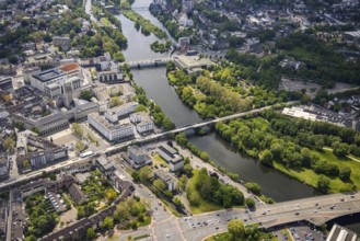 Aerial view, city hall, Ruhr promenade, city viaduct and Ruhr bridge on the river Ruhr, Altstadt I,