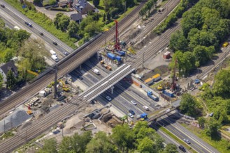 Aerial view, construction site after bridge fire motorway 40, renovation of railway bridges,
