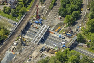 Aerial view, construction site after bridge fire motorway 40, renovation of railway bridges,