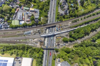 Aerial view, construction site after bridge fire motorway 40, renovation of railway bridges,