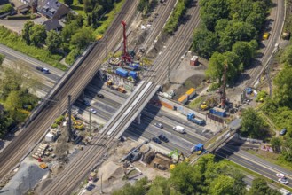 Aerial view, construction site after bridge fire motorway 40, renovation of railway bridges,