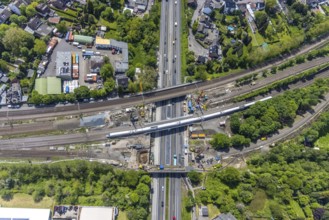 Aerial view, construction site after bridge fire motorway 40, renovation of railway bridges,