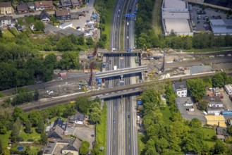 Aerial view, construction site after bridge fire motorway 40, renovation of railway bridges,