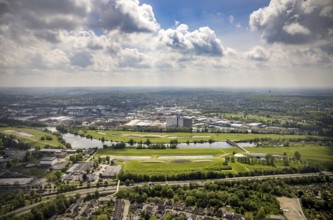 Aerial view, Styrumer Ruhraue and RuhrWasserwerk at the river Ruhr, local view Speldorf, Mülheim an