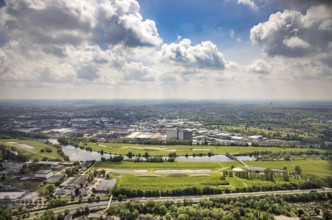 Aerial view, Styrumer Ruhraue and RuhrWasserwerk at the river Ruhr, local view Speldorf, Mülheim an