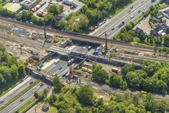 Aerial view, construction site after bridge fire motorway 40, renovation of railway bridges,