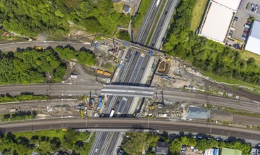 Aerial view, construction site after bridge fire motorway 40, renovation of railway bridges,