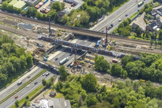 Aerial view, construction site after bridge fire motorway 40, renovation of railway bridges,