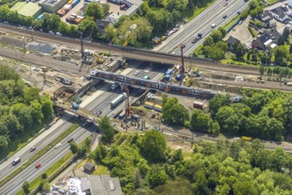 Aerial view, construction site after bridge fire motorway 40, renovation of railway bridges,