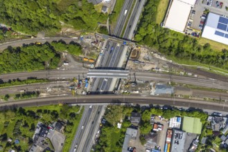 Aerial view, construction site after bridge fire motorway 40, renovation of railway bridges,