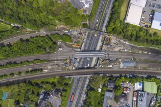 Aerial view, construction site after bridge fire motorway 40, renovation of railway bridges,