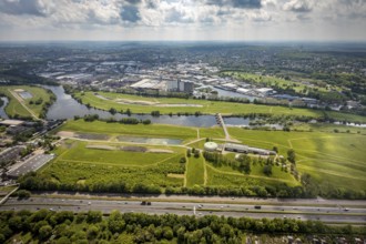 Aerial view, Styrumer Ruhraue and RuhrWasserwerk at the river Ruhr, local view Speldorf, Mülheim an