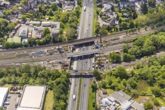 Aerial view, construction site after bridge fire motorway 40, renovation of railway bridges,