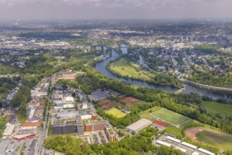Aerial view, ALDI International Services GmbH company campus, RWW Kahlenberg hydroelectric power