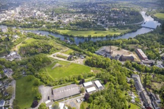 Aerial view, leather and tanning museum on the Ruhr river, Rauen quarry, De Wet indoor tennis
