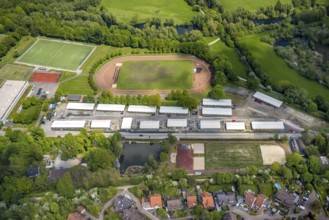 Aerial photo, refugee village Saarn Mintarder Straße and sports field, Saarn, Mülheim an der Ruhr,