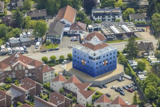 Aerial view, blue building dental clinic, Kölner Straße 80, Saarn, Mülheim an der Ruhr, Ruhr area,