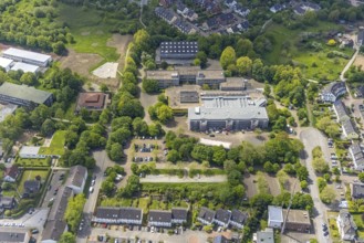 Aerial view, construction site and renovation of Berufskolleg Lehnerstraße, sports hall,