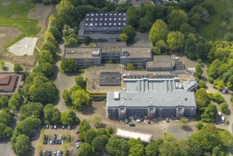 Aerial view, construction site and renovation of Berufskolleg Lehnerstraße, sports hall,