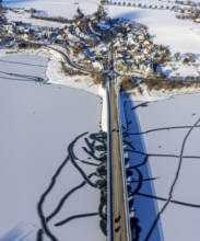 Aerial view, Delecker Brücke, shapes and colours, Delecke, Möhnesee, Sauerland, North