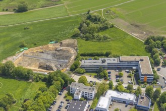 Aerial view, construction site and construction of a filter plant at Aubergweg, industrial area