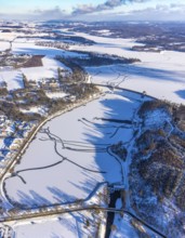 Aerial view, Möhnetalsperre and dam wall in the snow, Günne, Möhnesee, Sauerland, North