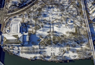 Aerial view, garden in the snow, MüGa - Mülheims Garten an der Ruhr, civic hall Mülheim, Broich -