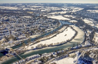 Aerial view, Ruhr river and Ruhr island with lock canal, Kahlenberg hydroelectric power station,