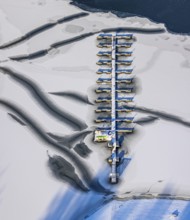 Aerial view, snow-covered campsite Möhnesee, forest area and Möhnesee, Brüningsen, Möhnesee,