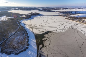 Aerial view, Möhnesee and Delecker Bridge, Delecke, Möhnesee, Sauerland, North Rhine-Westphalia,