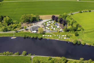 Aerial view, camping site and Dicken am Damm Cafe, Saarn, Mülheim an der Ruhr, Ruhr area, North