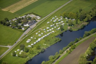 Aerial view, river Ruhr, towpath, campsite Mülheim Staader Loch, Saarn, Mülheim an der Ruhr, Ruhr